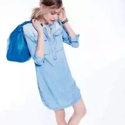 J. Crew Womens Drapey Chambray Shirt Dress M Blue 3/4 Sleeve Popover Button • $22.79