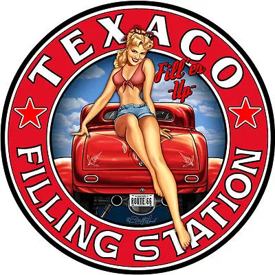 Sexy Texaco Gas And Oil Pin Girl Hotrod Route 66 14 Inch Round Metal Sign • $26