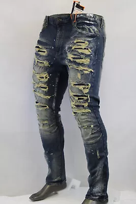 Smoke Rise MEN ESSENTIALS DISTRESSED DENIM SLIM TAPERED FIT JEANS BLUE JP20634H • $40.84