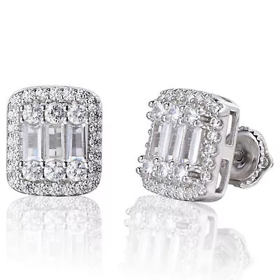 Men’s Real Solid Sterling Silver Iced Baguette Diamond Hip Hop Earrings Studs • $13.96