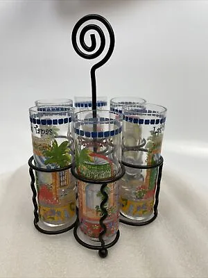 Vtg Set 6 Tropical Mexican Designs  Shot Glasses Metal Caddy • $17