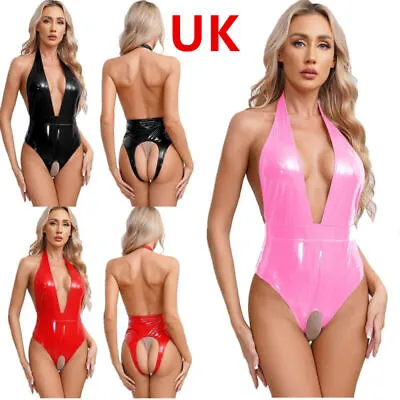 UK Women's Bodysuit Sexy Leather Wet Look Halter Neck Backless Leotard Catsuits • £15.71