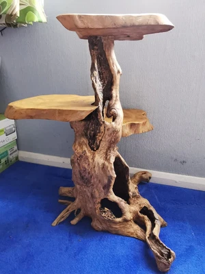 £235 • Buy Teak Root Tree Three Tier Table Rustic Solid Wood Vintage Side End Furniture