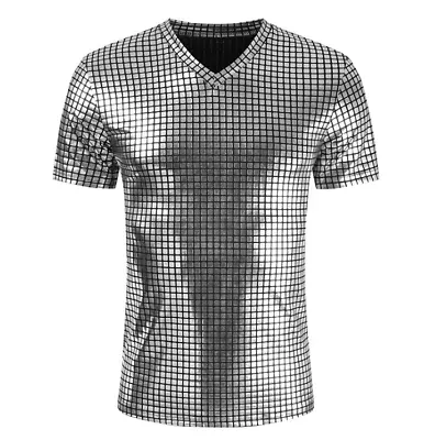 Men's Sequin T-Shirt Shirt Short Sleeves V-Neck Shirt Costume Summer Glitter • $36.99