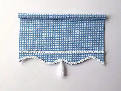 Dollhouse Miniature Handmade Blue Checked Window Curtains Drapes Shade Valance • $6.99
