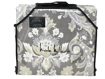 Nicole Miller QUEEN 300 TC Cotton Charcoal Silver Medallion Duvet Cover Set NEW • $79.95