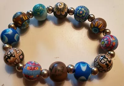 VIVA BEADS Stretch Bracelet - 13mm Blue Brown Polymer Beads With Silver • $10