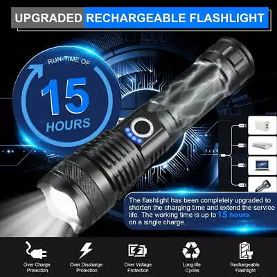 Flashlight Tactical LED 90000 Lumen Zoomable Super Bright Torch USB Rechargeable • $25.91