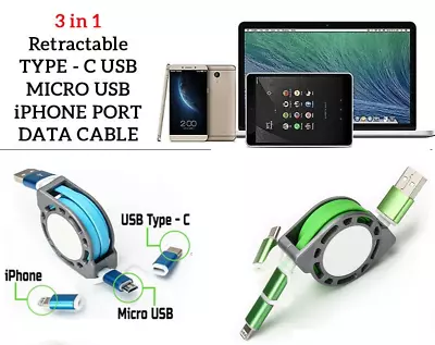 3 In 1 Retractable Charging USB Data Cable Charger For IPhone Type C Micro Green • £3.99