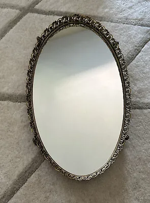 Vintage Mirror Tray Gold Tone Patina Oval Metal Frame Victorian Cherubs Footed • $89