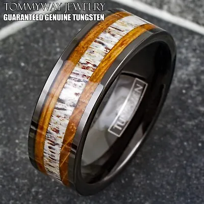 8mm Tungsten Carbide Men's Deer Antler & Whiskey Barrel Wood Wedding Band Ring • $17.99