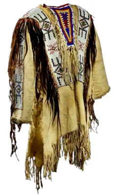 Old Style Beaded Hand Colored Buckskin Suede Hide Powwow Regalia Shirt • $187