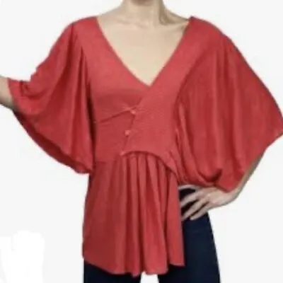 ANTHROPOLOGIE MOTH Women’s Coral Red TAUPO Asymetrical Ruffle Kimono Sweater S • $24