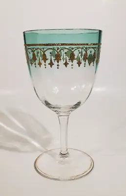 Antique Bohemian Moser Hand Blown Glass Green Raised Gold Water Goblet • $108