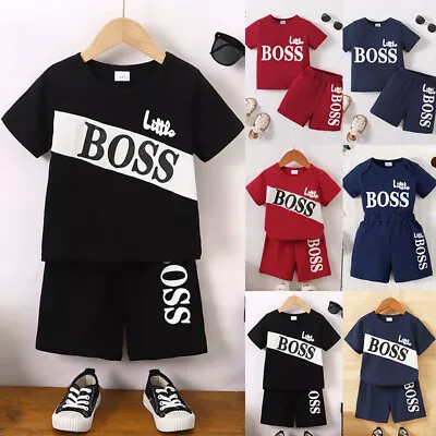 2PCS Baby Boys Tracksuit Little Boss T-Shirt Tops Shorts Kids Clothes Outfit Set • £8.09