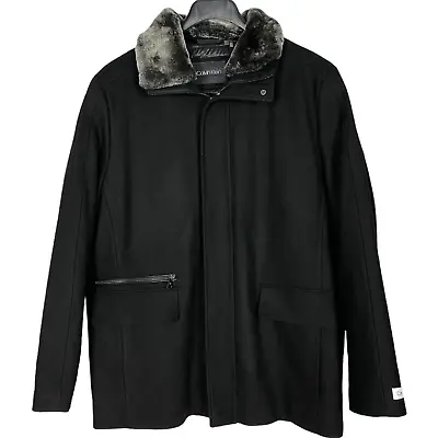 Calvin Klein Men Coat Wool Blend Faux Fur Full Zip Pockets Black Size L NEW • $74.25