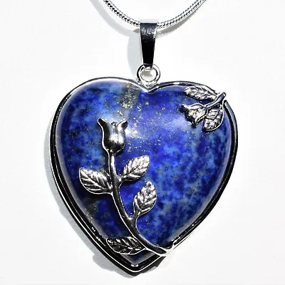Natural Lapis Lazuli Heart Pendant + 20  Stainless Steel Chain & Selenite Heart  • $17.99