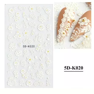 Pure White Flower Wedding 5D Nail Sticker Embossed Decal Nail Art Decoration K20 • $2.49