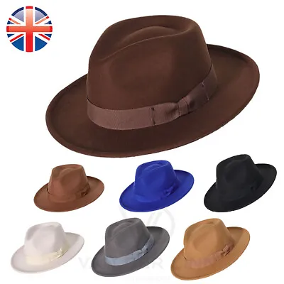 Van Der Linn Mens Fedora Hat Jazz Felt Fedora Elegant Ribbon Trilby Hat Cap • £14.88