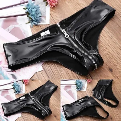 Womens Zip Crotch Panties Briefs PVC Micro Shorts Low Waist Underwear Clubwear • £10.12