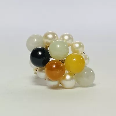 Ming's Honolulu 14K Yellow Gold Multicolor Jade Pearl Cluster Size 6.5 Ring 5.1g • $650