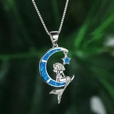 Women Silver Unique Blue Simulated Opal Mermaid On Moon Pendant Necklace Jewelry • $1.44