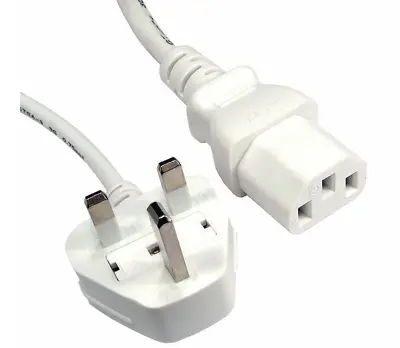 Power Cord UK Plug To IEC Cable (PC Mains Kettle Lead) C13 1.8M 6ft - White • £3.95