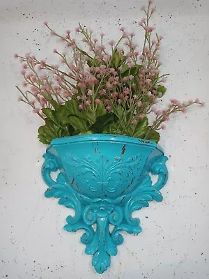 Vintage Teal/Gold Shabby Chic Plastic Scroll Wall Pocket Planter Vase & Flowers • $20.36