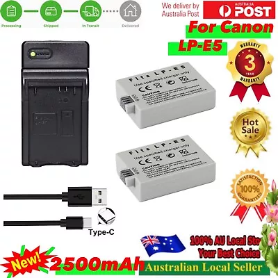 2x Battery + USB-C Charger For Canon LP-E5 EOS 1000D Kiss F Kiss X2 Rebel Xsi • $35.90