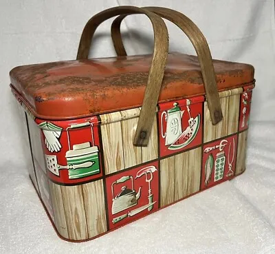 Vintage Decoware Tin Picnic Basket Red Print Wood Grain Wood Handle Needs TLC • $12