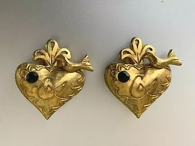 Rare Vintage French Christian LACROIX Earrings - Gilt Metal - Bird & Heart • $391.30