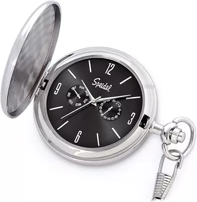 Speidel Classic Brushed Satin Silver-Tone Pocket Watch With 14  Chain Black Dial • $44.99