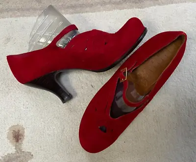 $435 Chie Mihara Vintage Suede Shoes In Red Curvy Heel Lettuce Front 40.5 10 • $155.95