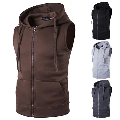 Men Waistcoat Sportwear Hoodie Sweatshirt Vest Coat Casual Hooded Pockets Solid • $17.38