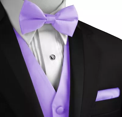 Men's Solid Satin Tuxedo Vest Bow-Tie & Hankie. Formal Casual Wedding Prom • $22.95