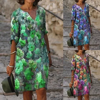 Women Short Sleeve Floral Midi Dress Ladies Holiday Baggy Beach Kaftan Sundress • $33.96