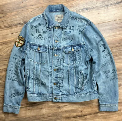 Polo Ralph Lauren Distressed Trucker Denim Jacket Graffiti Large Varsity Patch • $169.99