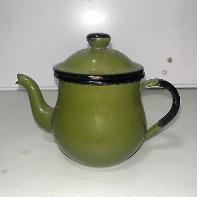 Vintage Green Enamel Teapot W/ Black Trim   5” In Tall Made In Japan Lidded • $13.58