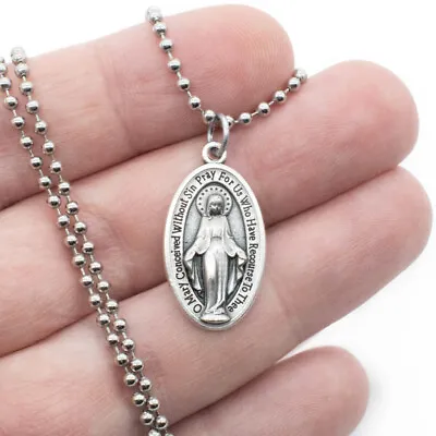 Miraculous Medal Virgin Mary 1-1/8  Tall Pendant Necklace 24  Chain Italy Ox • $9.99