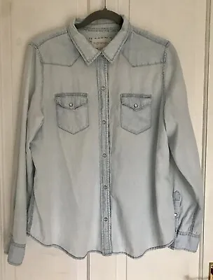 Monsoon Pearl Snap Shirt Women’s Bleached Chambray Size 16 - Small Hole • £11.99