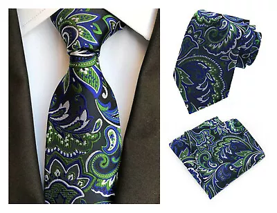 Tie Pocket Square Blue Green Paisley Set 100% Silk Wedding Necktie Hanky • £10.95