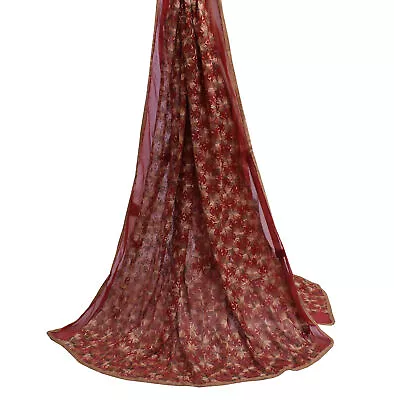 Sushila Vintage Maroon Dupatta Blend Chiffon Phulkari Embroidered Long Stole • $32.19