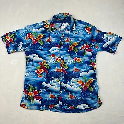 Vintage Polo Ralph Lauren Hawaiian Shirt Mens Medium Floral Sailboat Blue AOP • $31.48