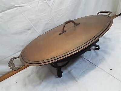 Vintage Large Oval Copper Chaffing Dish Hammered Finish Wrought Iron Base Grison • $249.99