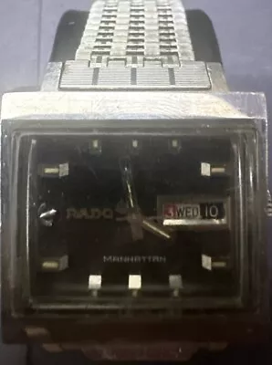 Rado Manhattan Watch Black Men Automatic Rectangle Day-Date Silver Vintage - • $104.49