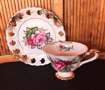 Vintage Pink Footed Teacup And Reticulated Saucer / Roses With Gold Trim / Japan • $10