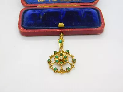 Edwardian 9ct Yellow Gold Turquoise & Pearl Set Floral Drop Pendant C1910 • £165
