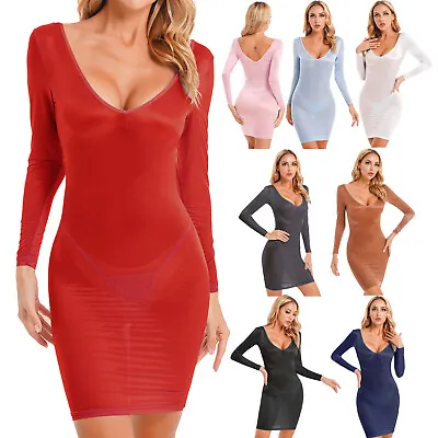 Women Oil Glossy Sheer Micro Mini Dress Tight Pencil Short Dress Bandage Dress • $14.56