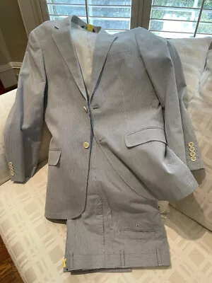 Merona Mens 2 Pc Suit Seersucker Blue Stripe Classic Fit 38R Jacket 30x32 Pants • $60