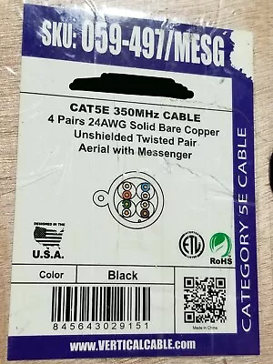 Vertical Cable 059-497/MESG CAT5E UTP Outdoor Aerial W/ Steel Messenger Blk/50ft • $29.99